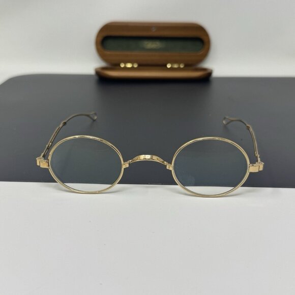 original 90's Lunor glasses, 18k gold-plated, round, telescopic temples, W/ case
